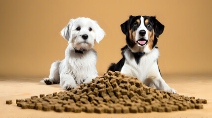 Dogs and kibble scattered on the background, isolated on background