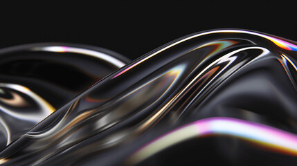 Close-Up of Fluid Glass Waves with Rainbow Light Accents on Black Background