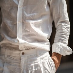 a white cotton shirt paired with lightweight trousers, exuding casual elegance and understated style for summer days