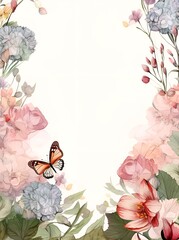 Elegant Floral Border Featuring a Monarch Butterfly With Pastel Blooms,with pastel-hued blooms, including hydrangeas and poppies, accented by the vibrant orange and black wings of a monarch butterfly,