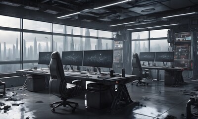 Post-Apocalyptic Control Room Overlooking a Misty Cityscape: An abandoned control room with a panoramic view of a city shrouded in mist, symbolizing desolation and decay. AI Generated