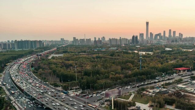 High Angle View of Beijing Skyline at Sunset.