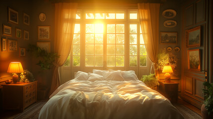 Bedroom in an old country cottage, the sun at dawn illuminates the room through large stained glass windows, concept for the reconstruction of old houses