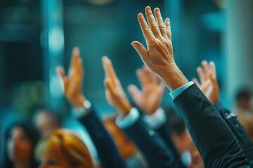 Unrecognizable businessman person of multi-ethnic businesspeople raising their hands during a presentation seminar for asking question at their company