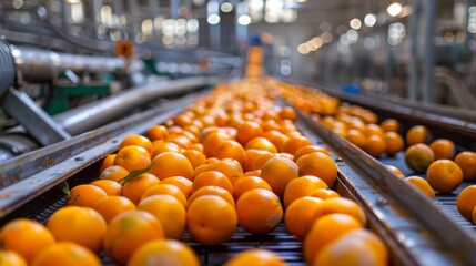 Automated orange processing facility with conveyors full of fresh oranges - obrazy, fototapety, plakaty