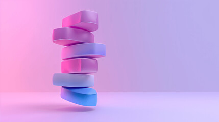 Spiraling Stack of Pastel Cylinders on a Gradient Pink to Blue Background