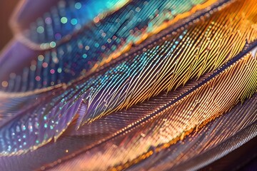 Close-up image of a hummingbird feather, displaying microscopic barbules and iridescent colors.