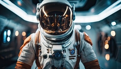 spaceship and astronaut, astronaut in action, daring astronaut, space suit and helmet, standing in front of futuristic spaceship