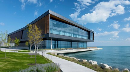 A modern technology building on the lake front