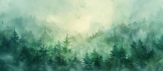 Serenity in the Pines, Watercolor Painting of a Green Pine Forest Blanketed in Fog, Emanating a Serene and Mysterious Atmosphere.