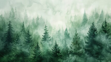 Serenity in the Pines, Watercolor Painting of a Green Pine Forest Blanketed in Fog, Emanating a Serene and Mysterious Atmosphere.