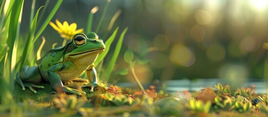 Green Frog in Natural Habitat, Blending Seamlessly with the Verdant Nature Background. - obrazy, fototapety, plakaty