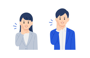 呼びかけのポーズをするビジネスパーソン男女のセット【人物ベクターイラスト素材】