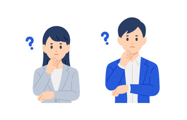 疑問･考えるポーズをするビジネスパーソン男女のセット【人物ベクターイラスト素材】