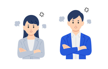怒るポーズをするビジネスパーソン男女のセット【人物ベクターイラスト素材】