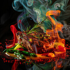 grilled beef steak on fire with smoke and flames on a dark background 