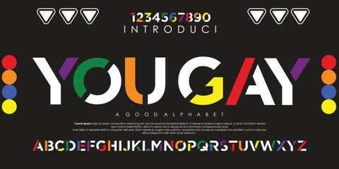 Modern LGBTQ You Gay Abstract Alphabet Font with rainbow color. Minimal Technology Typography, Creative Urban Sports Fashion Futuristic Font and Numbers. Vector illustration EPS 10 - obrazy, fototapety, plakaty