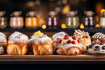 Close-up of bakery showcase displaying freshly baked pastries and tempting delights