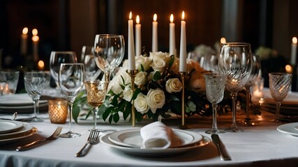 Table of Dreams: Generating a Realistic Scene of a Wedding Reception, Featuring Candlelight and Personalized Touches, generative AI - obrazy, fototapety, plakaty