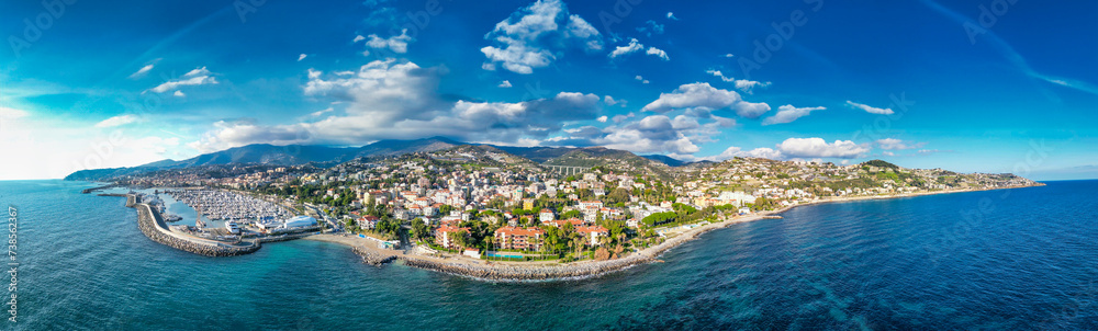 Sticker sanremo, italy. aerial view of city port and skyline