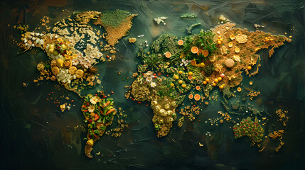 Feeding the World Sustainably, how can the world be fed in future. World Map made from different food. generative ai  - obrazy, fototapety, plakaty