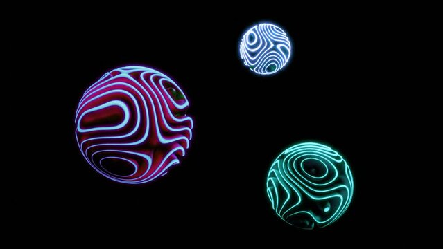 Ultra HD 4K video animation of three sphere shape 3d render colorful gradient abstract object texture or pattern changing shape seamless loop motion graphics.