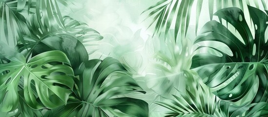 Tropical Panoramic Banner Background Featuring Softly Blended Watercolor Patterns of Green Monstera and Palm Leaves.