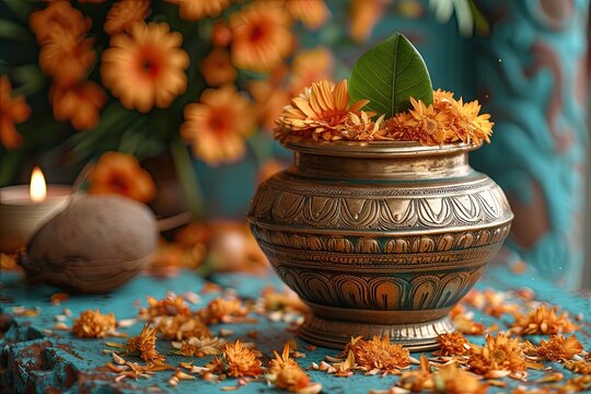 Dhanteras, Akshaya Tritiya, Golden kalash decorated with sun flowers and mango leaf