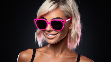 Close-up portrait of a mysterious girl wearing glowing neon glasses on a dark background
