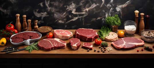 Slices of beef on a fresh red table, processed grilled meat and so there is empty space for text, greetings, wallpaper, posters, advertisements, etc.