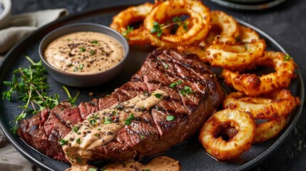Homemade Grilled Steak with onion rings and sauce.