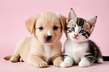 Fototapeta na wymiar A puppy and a kitten smiling affectionately. Generative AI