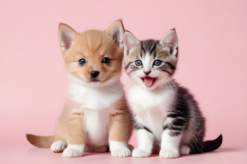 A puppy and a kitten smiling affectionately. Generative AI