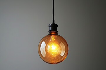 A vintage light bulb hanging from a ceiling, glowing warmly against a cool, grey background