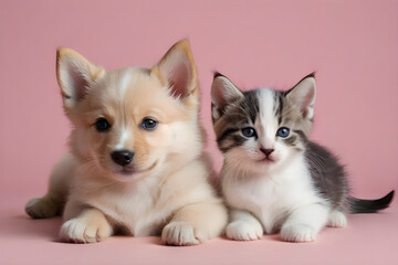 A puppy and a kitten smiling affectionately. Generative AI