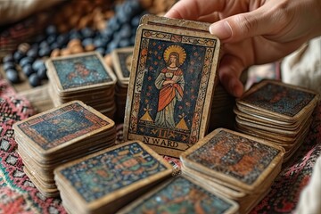 Hand holding tarot card on the darkness background for Astrology Occult Magic illustration - Magic Spiritual Horoscopes and Palm reading fortune teller