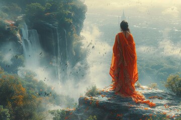 A Beautiful Lady in a Long Dress, Gazing at Mountains and River - obrazy, fototapety, plakaty