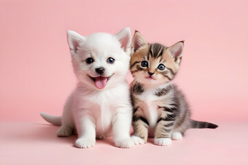 A puppy and a kitten smiling affectionately. Generative AI