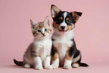 A puppy and a kitten smiling affectionately. Generative AI