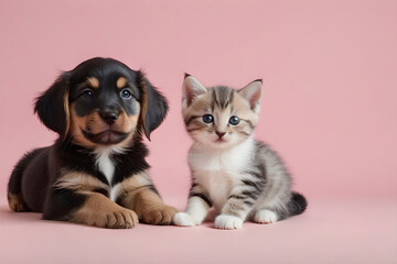 A puppy and a kitten smiling affectionately. Generative AI