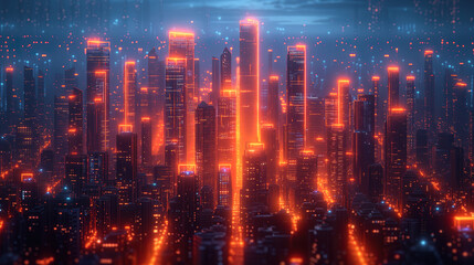 Obraz premium Neon city cyberspace orange lights with tall buildings at night wallpaper background