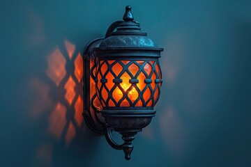 Fototapeta na wymiar Glowing street lamp mounted on wall, modern light hanging on a brick wall at night 