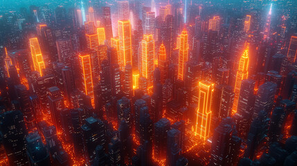 Fototapeta na wymiar Cityscape cyberspace from futuristic science fiction orange neon lights virtual reality wallpaper background