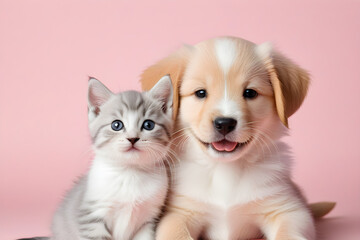 A puppy and a kitten smiling affectionately. Generative AI