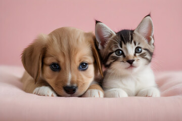 A puppy and a kitten smiling affectionately. Generative AI