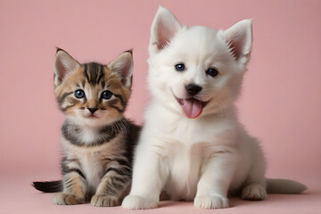 A puppy and a kitten smiling affectionately. Generative AI