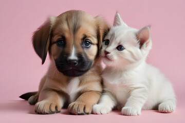 Fototapeta na wymiar A puppy and a kitten smiling affectionately. Generative AI