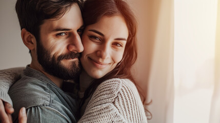 Fototapeta premium smiling young couple in love, in sweaters, hugging at home by the window, behind which the sun is shining