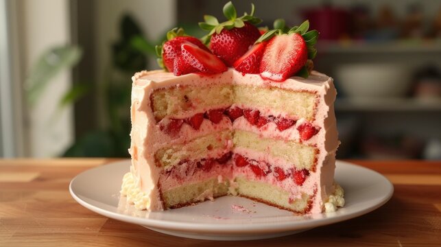 Strawberry cake cut in half