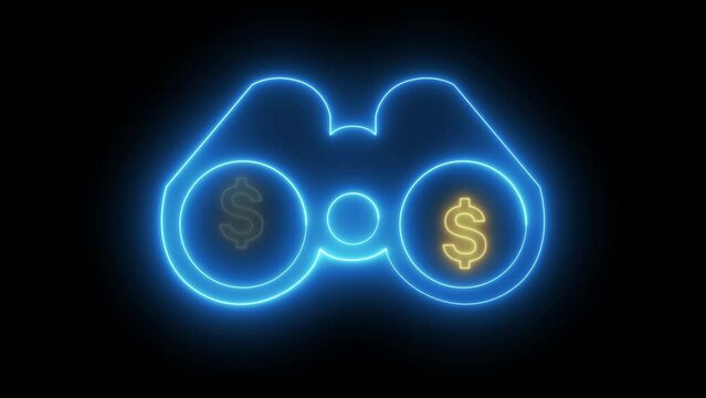Money, profit, investment, growth business, economy, finance and success concept. 4K animation of usa dollar sign with arrows pointing up and down inside binoculars isolated on transparent background.